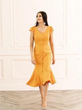 Rachel Parcell Orange Polka Dot Button Front Midi Dress Sz S Cottage Linen Blend